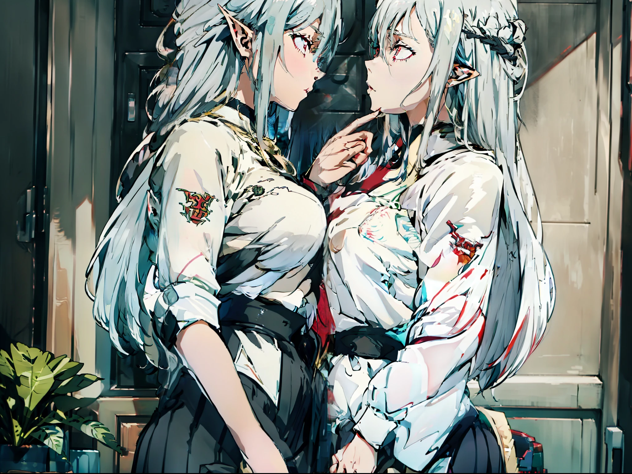 2 girl, elf, silver hair, red eyes, kiss, concept art, beautiful anime scene, beautiful anime scenery, top rated on pixiv, best quality, 4K