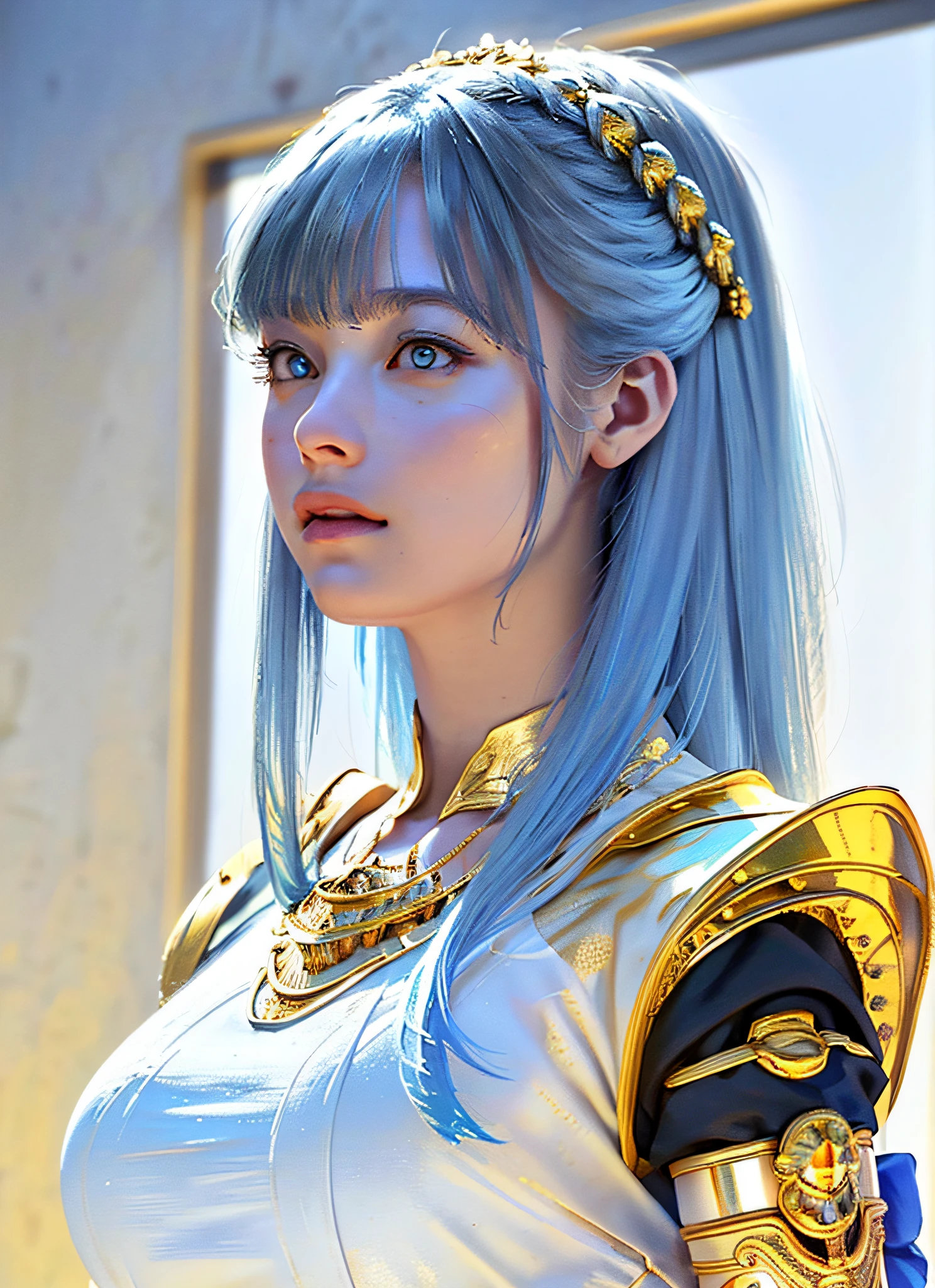 (Realistic, Portrait: 1.3), Complex Details, Big, Sexy Swimsuit, (Ultrareal), (Illustration), (High Resolution), (8K), (Very Detailed), (Best Illustration), (Beautiful Detailed Eyes), (Best Quality), (Ultra Detailed), Intricate Detail Jewels (Detailed Women's Armor: 1.3), (Gorgeous Gold Armor: 1.3), 1 Girl, Solo, Long Hair, Wind, Gorgeous Face, Top quality, masterpiece, maximum detail, diffused lighting, (blue hair: 1.3), Valhalla Valkyrie, mechanical arm,