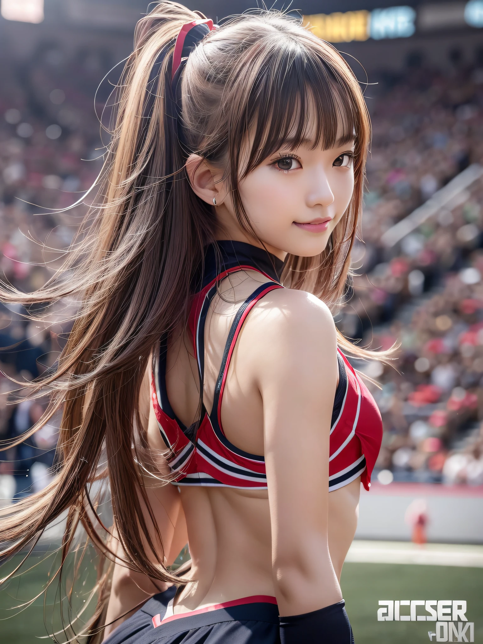 Ala Fed Asian cheerleader holding pom pom in stadium, closeup, closeup, cosplay photo, anime cosplay, small breasts, RAW photo, best quality, high resolution, (masterpiece), (photorealistic:1.4), professional photography, sharp focus, HDR, 8K resolution, intricate details, depth of field, highly detailed cg unity 8k wallpaper, front light, NSFW, woman, girl, beautiful supermodel, smile, slender, (sweating all over: 1.3), micro bikini, back view