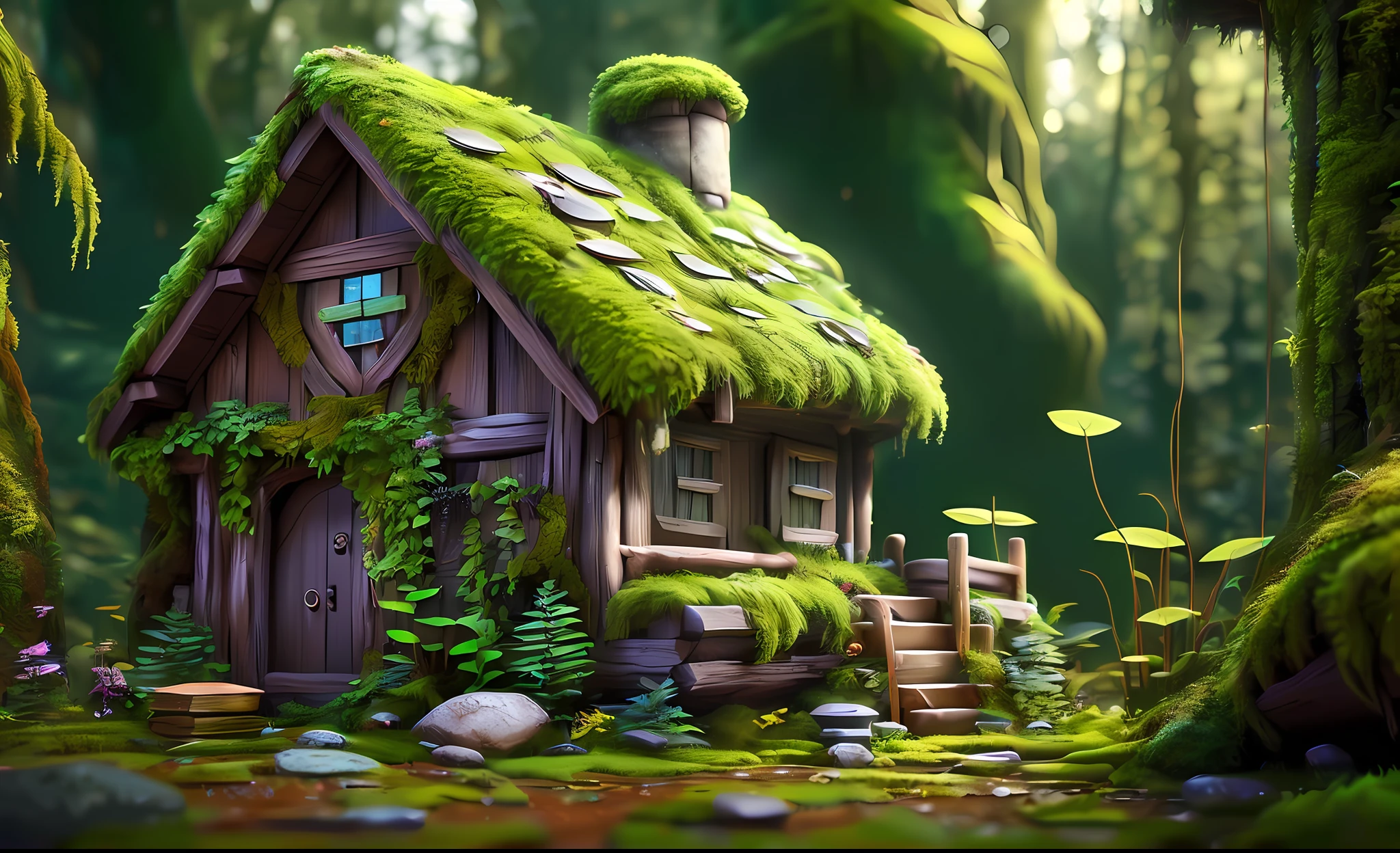 Masterpiece, best quality, (very detailed CG unity 8k wallpaper), (best quality), (best illustration), (best shadow), elf cabin covered with moss, two floors, stairs, octane rendering, ray tracing, very detailed --v6