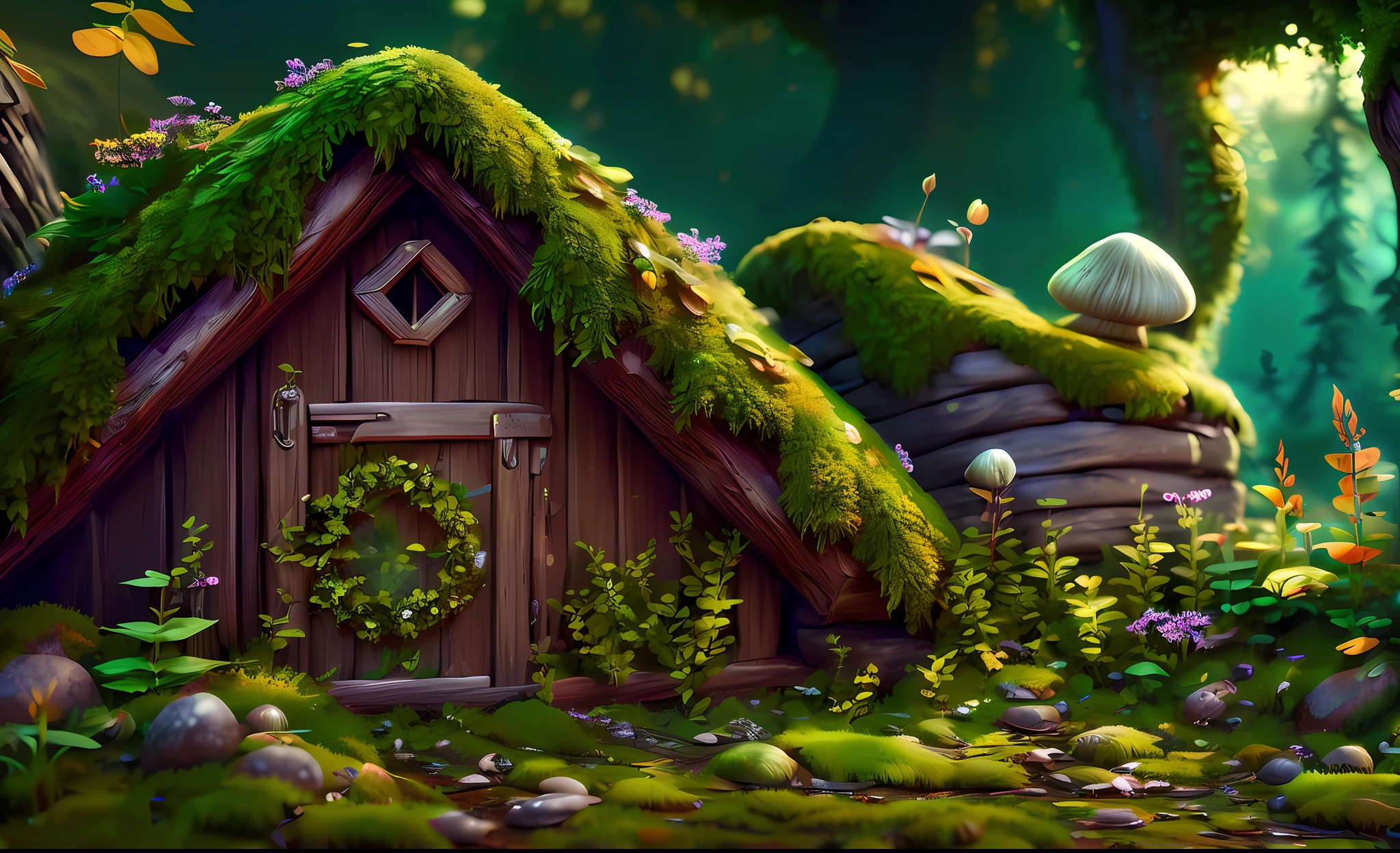 Masterpiece, best quality, (very detailed CG unity 8k wallpaper), (best quality), (best illustration), (best shadow), moss-covered mushroom hut, elf hut, berry, octane rendering, ray tracing, very detailed --v6