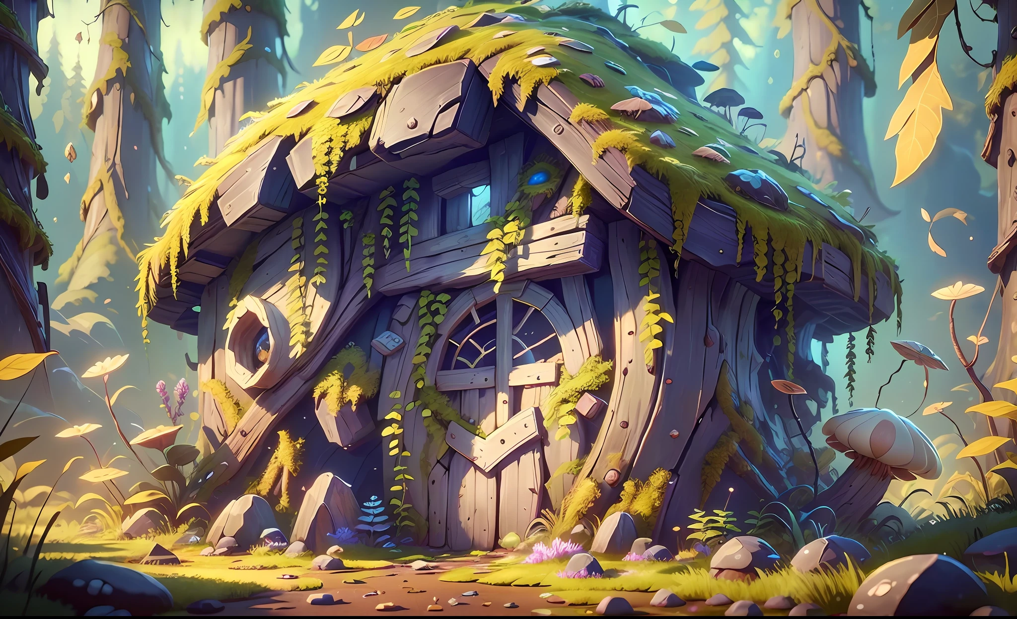 Masterpiece, best quality, (very detailed CG unity 8k wallpaper), (best quality), (best illustration), (best shadow), mushroom hut covered with moss, octane rendering, ray tracing, very detailed --v6