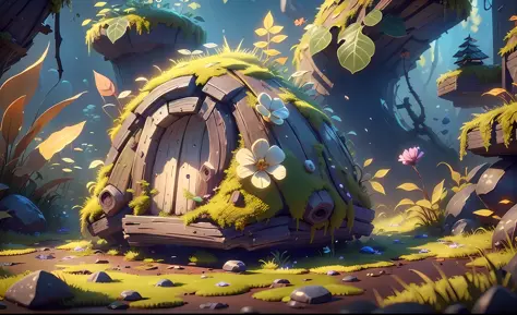 Masterpiece, best quality, (very detailed CG unity 8k wallpaper), (best quality), (best illustration), (best shadow), round radish hut covered with moss, octane rendering, ray tracing, very detailed --v6