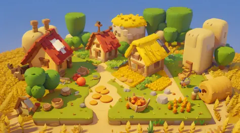 game architecture design, cartoon, a large wheat field, farm, stones, grass, vegetables, wheat, trees, animals, casual play style, 3d, masterpiece, super detail, best quality