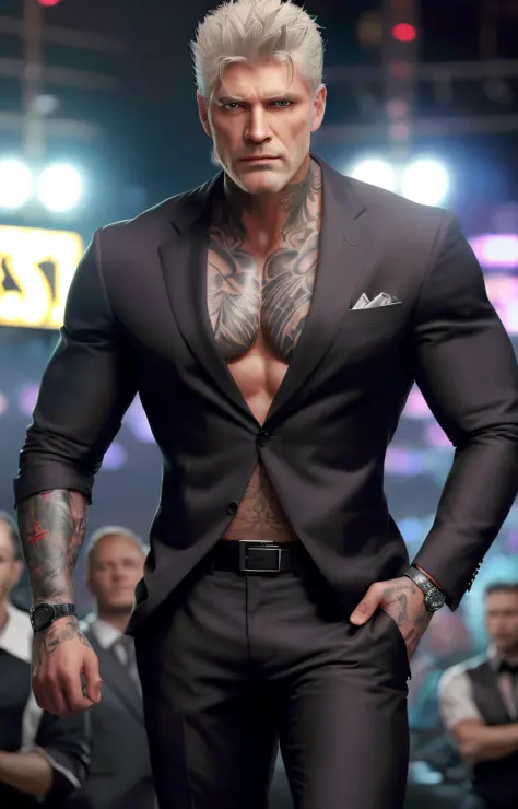 Extremely detailed, very realistic, very sharp, hyper-realistic, top quality, masterpiece, 50 years old, tall muscle, graying and elegant hair, stubble, Tristan Tate, ((scars)), pants, evil, (((nightclub))), (suit), full shot, neon, tattoos