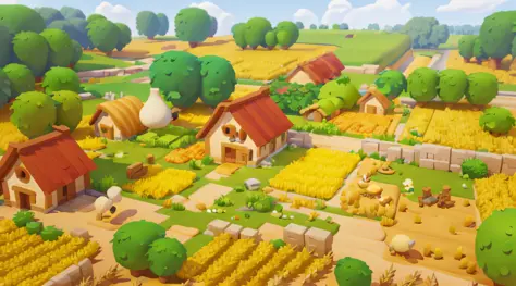 game architecture design, farm, cartoon, a large wheat field, farm, stone, grass, vegetable, wheat, trees, animals, casual play ...