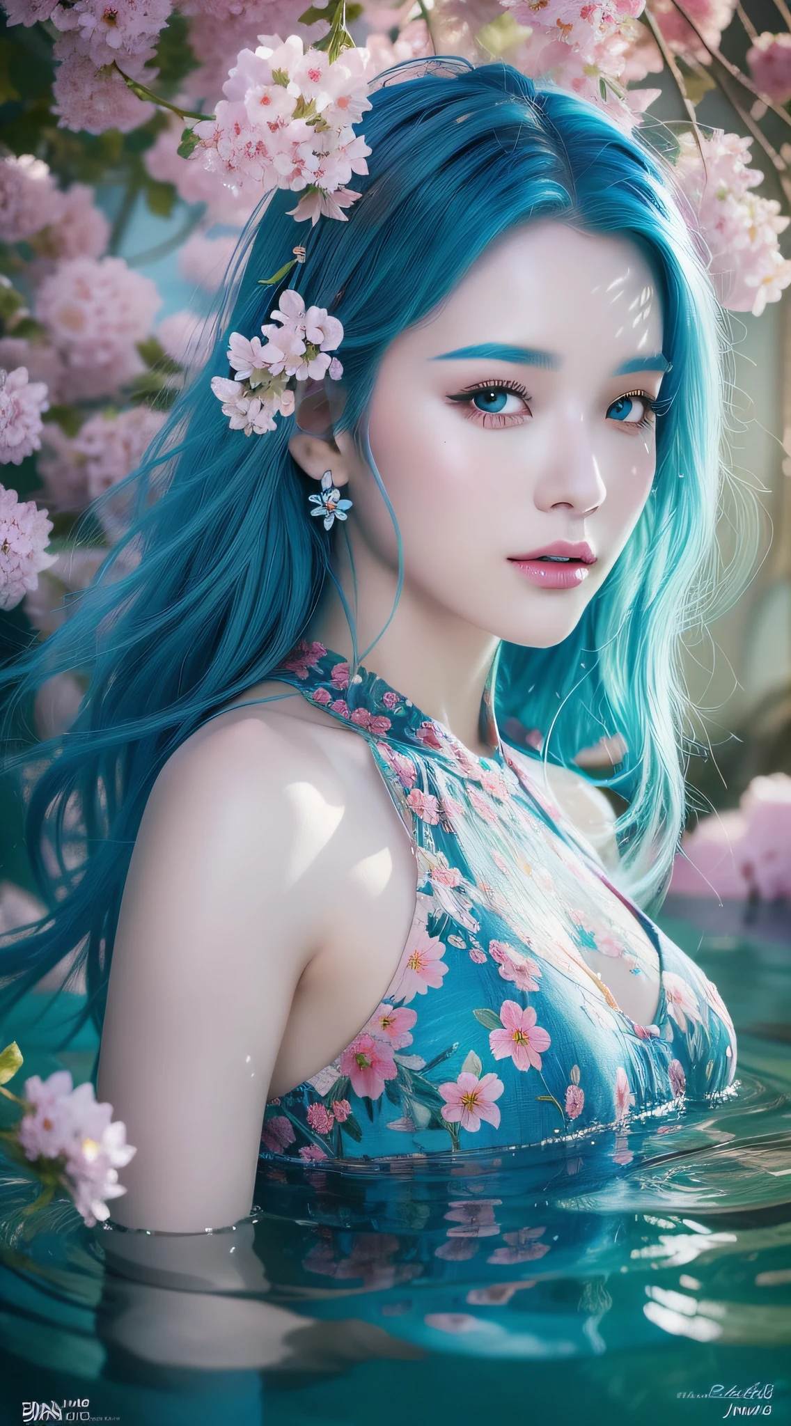 beauty with blue hair and flowers floating in water, beautiful beauty, beautiful digital illustration, beautiful artwork illustration, beautiful digital artwork, beautiful gorgeous digital art, beautiful digital art, asian female water element, gorgeous digital art, very beautiful digital art, close up fantasy with water magic, beautiful fantasy art, beautiful digital painting, beautiful digital illustration, gorgeous digital painting