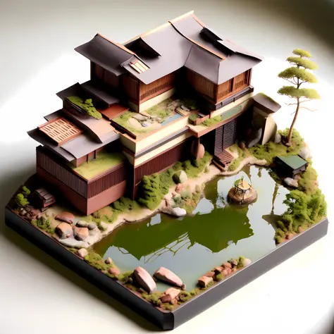 photo, a model of a dieselpunk japanese style house with a pond