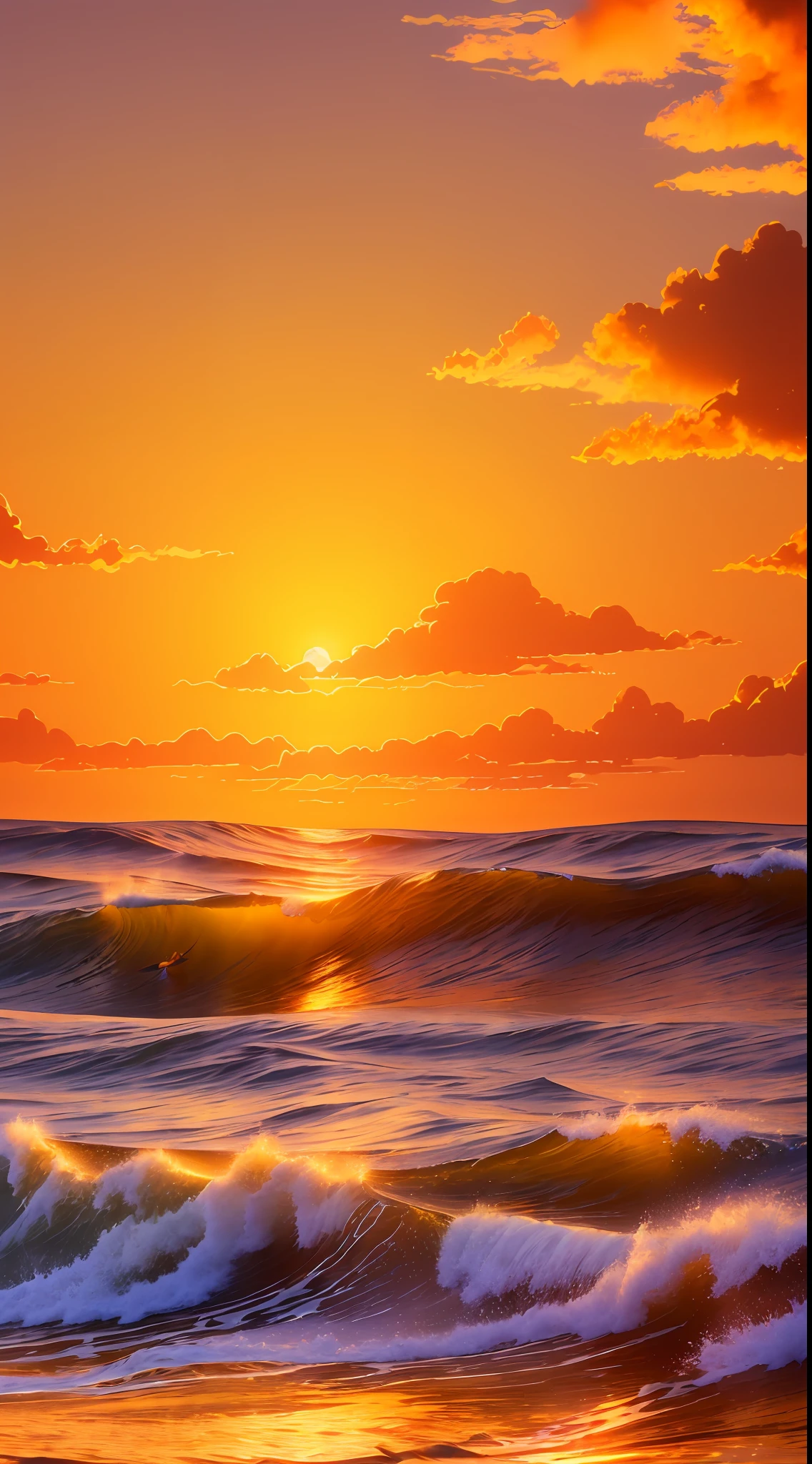 Masterpiece, Best Quality, (8k Very Detailed CG Unit Wallpaper) (Best Quality), (Best Illustration), (Best Shade) Golden Waves, Sunset, Bright Orange AOL Sunset Through the Waves, Golden Water Drops Flying, (:1.6)