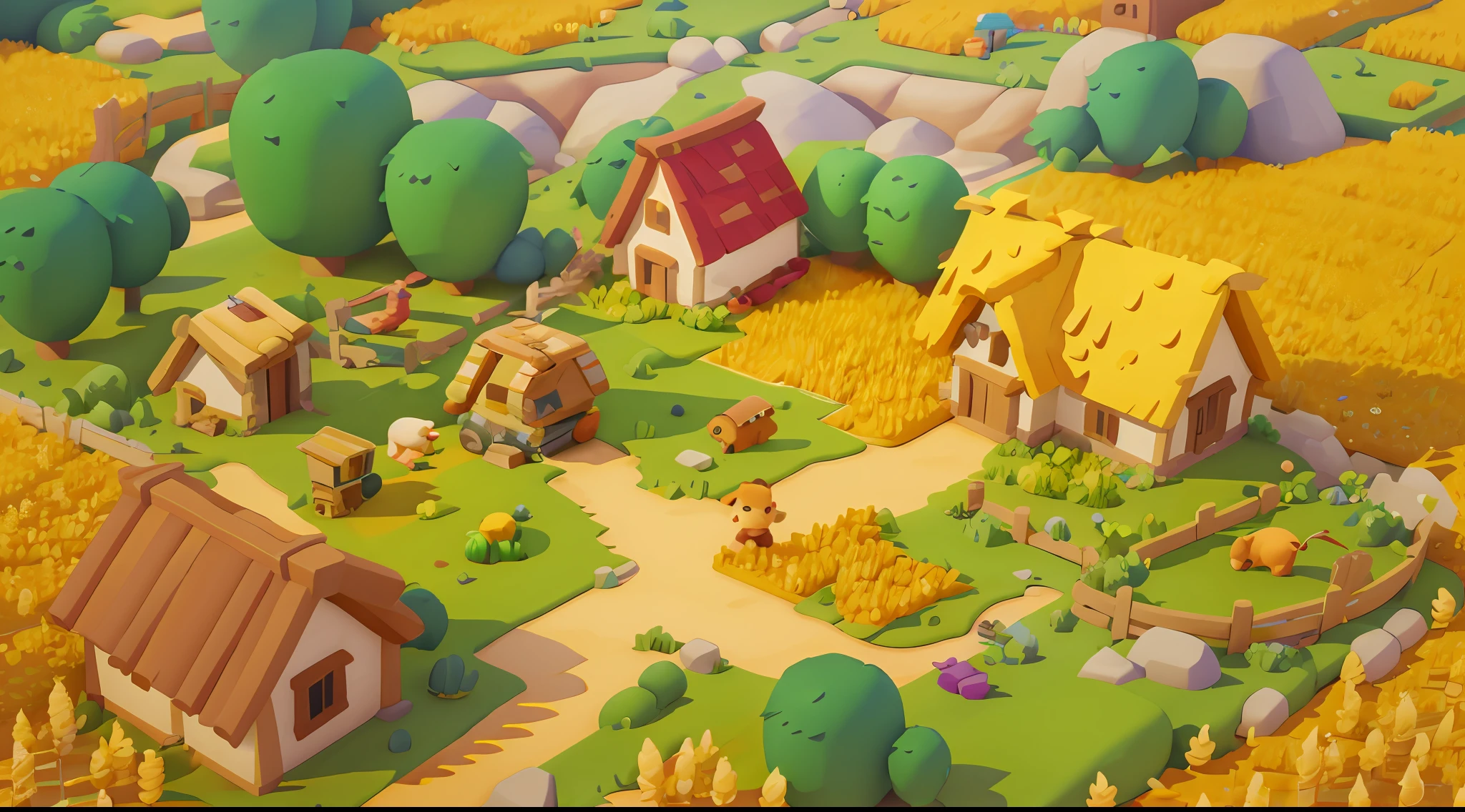 game architecture design, farm, cartoon, a large wheat field, farm, stone, grass, vegetable, wheat, trees, animals, casual play style, 3d, masterpiece, super detail, local, best quality