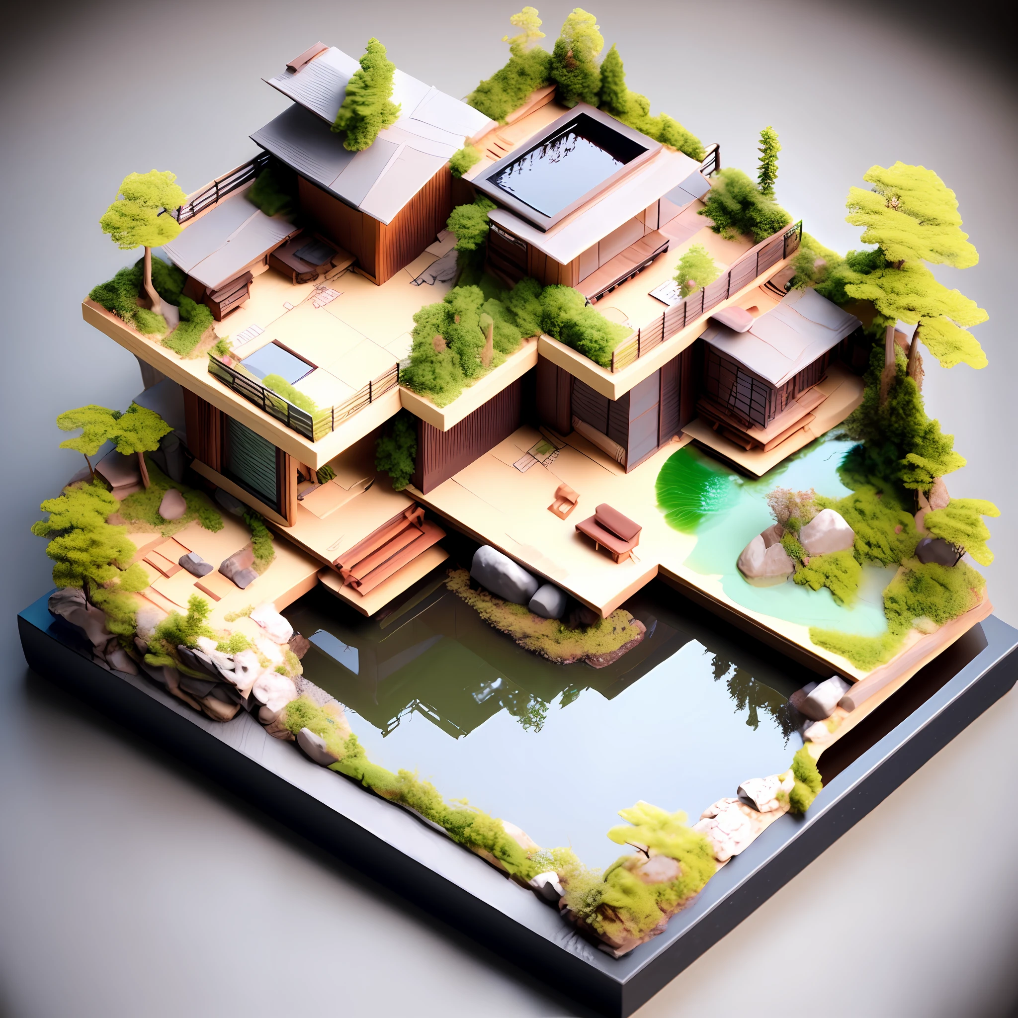 photo, a model of a cyberpunk japanese style house with a pond