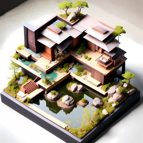 photo, a model of a cyberpunk japanese style house with a pond