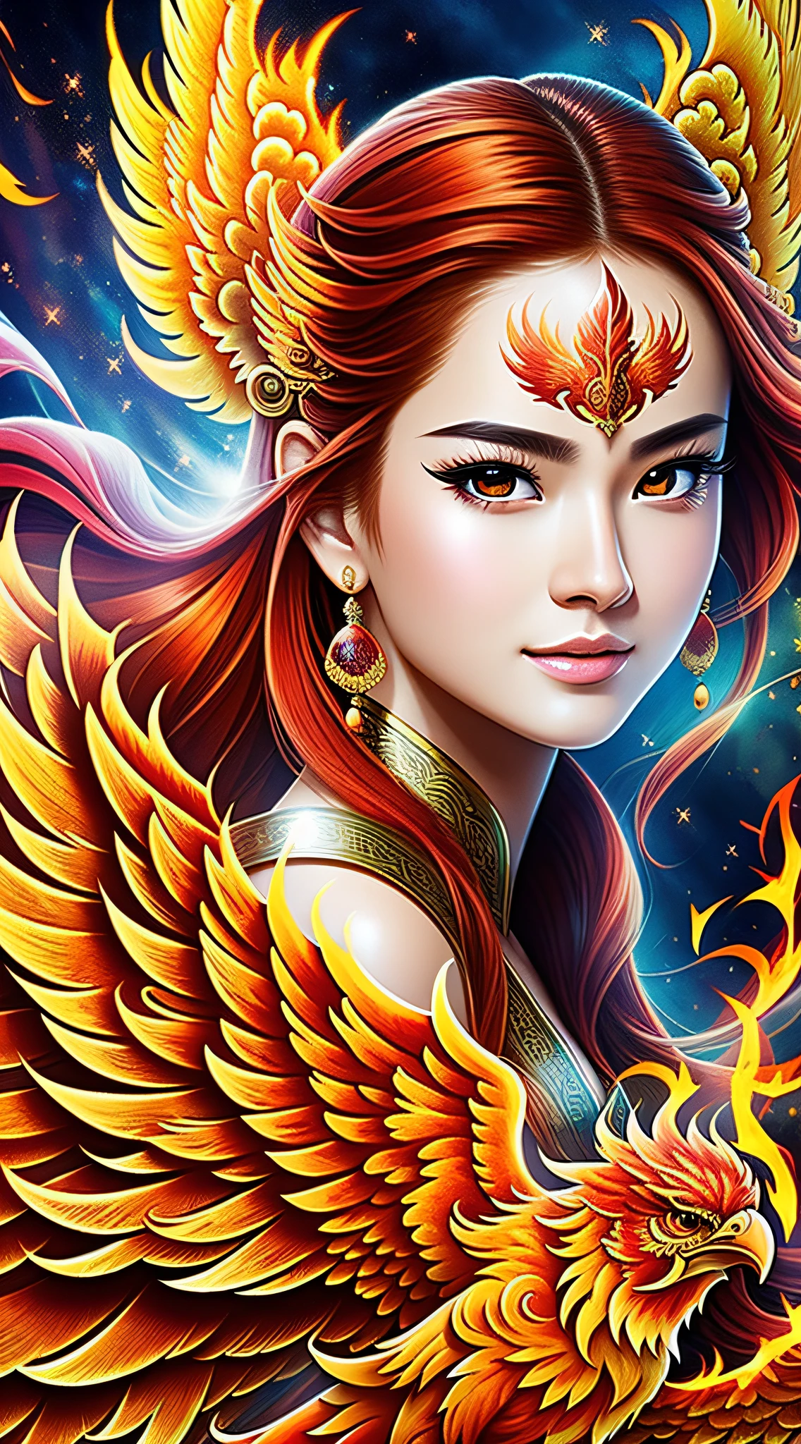 Highest image quality, ultra-high definition, masterpiece, a fiery red phoenix soaring with wings, Chinese style phoenix, extremely beautiful layered feathers, light and shadow, particle light, particle special effects, aesthetic romance, dreamy highest quality, ultra high definition, masterpiece, exquisite CG, face face exquisite details, rich picture layers, open mouth, clear outline, face close-up, beautiful, perfect details, best quality, highest image quality, high resolution, HD, 16k, 8k, UHD, HD, HD