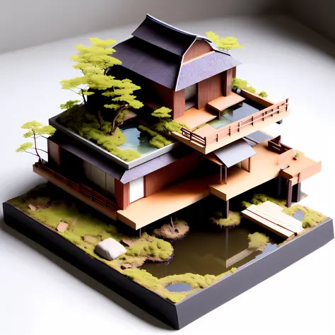 photo, a model of a cyberpunk japanese style house with a pond