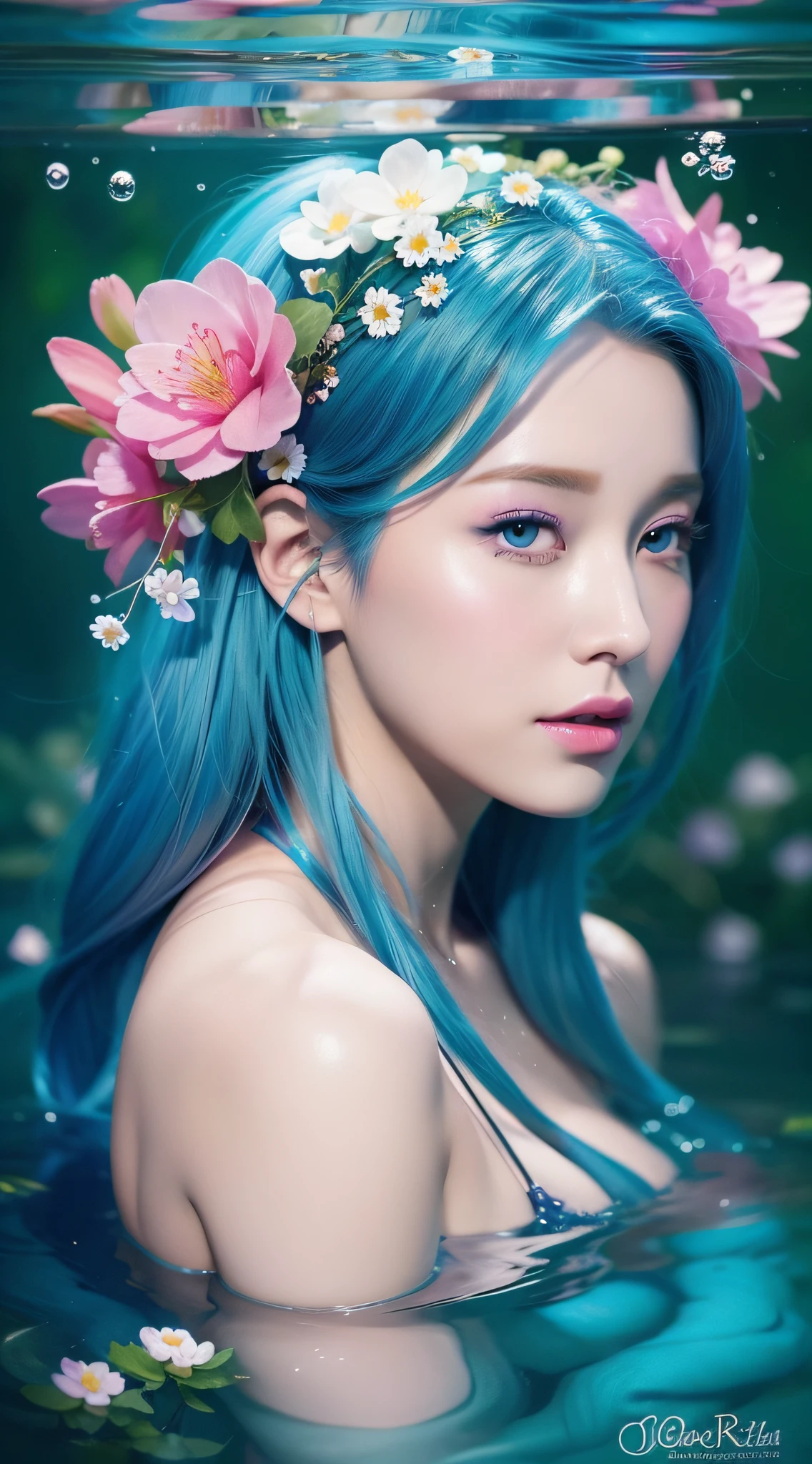 beauty with blue hair and flowers floating in water, beautiful beauty, beautiful digital illustration, beautiful artwork illustration, beautiful digital artwork, beautiful gorgeous digital art, beautiful digital art, asian female water element, gorgeous digital art, very beautiful digital art, close up fantasy with water magic, beautiful fantasy art, beautiful digital painting, beautiful digital illustration, gorgeous digital painting