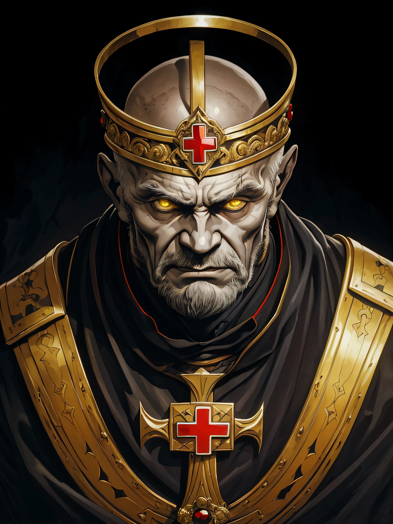 (original art: 1.2), (linear art: 1.33), 1boy, portrait of an old man without hair, close-up, priest, (imposing headdress), dramatic, (ink art), yellow eyes, (detailed eyes), black mantle, red cross, medieval gothic aesthetic, realistic lighting, (fine details: 1.2), full screen