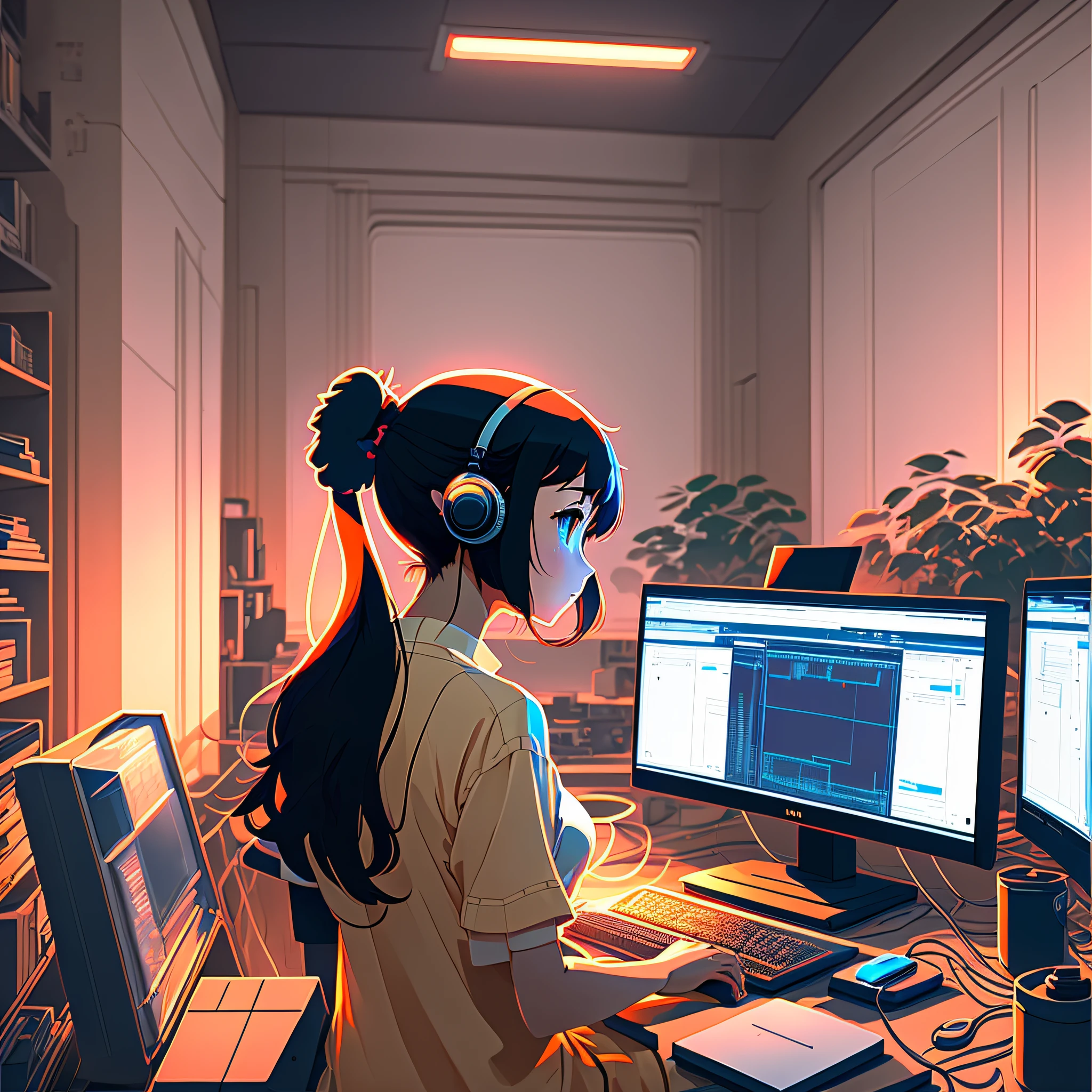 Create a high resolution artwork of Anime Girl is programming at a ...