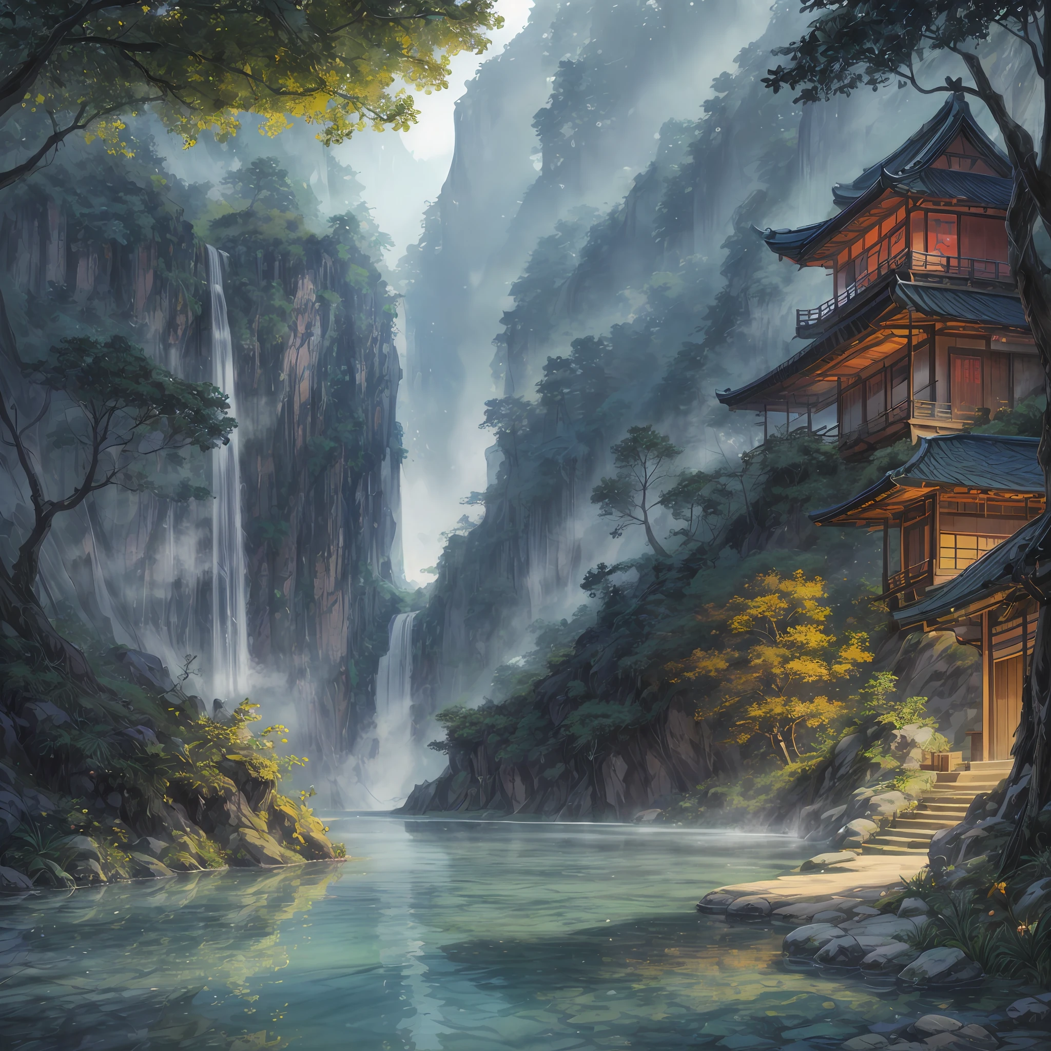 Hot springs, heat, water vapor, waterfalls, ancient Chinese times ...