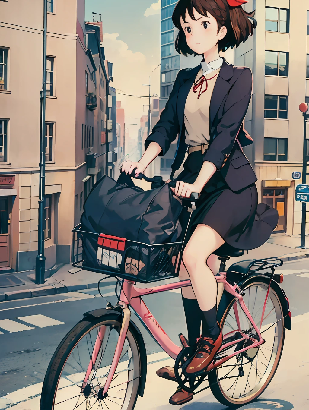 Best image quality, outstanding detail, ultra high resolution, (realism: 1.4), best illustration, prefer details, carrying luggage, riding a bicycle, background is urban office district, black coat, red ribbon, kiki, gigi, active,