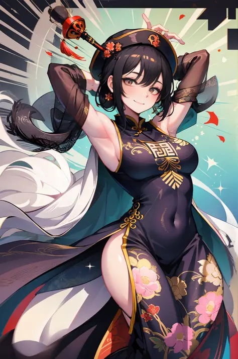 masterpiece,1girl,solo,black hair,underboob, hat,light_smile,ofuda,china dress, spread arms , shaved armpits,sfw