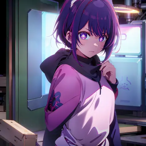 A Little Girl, Short Hair, Purple Hair, Small Purple Cat Ears, A Purple Cat's Tail, Blue Eyes, Assassin Clothing, Amine Style