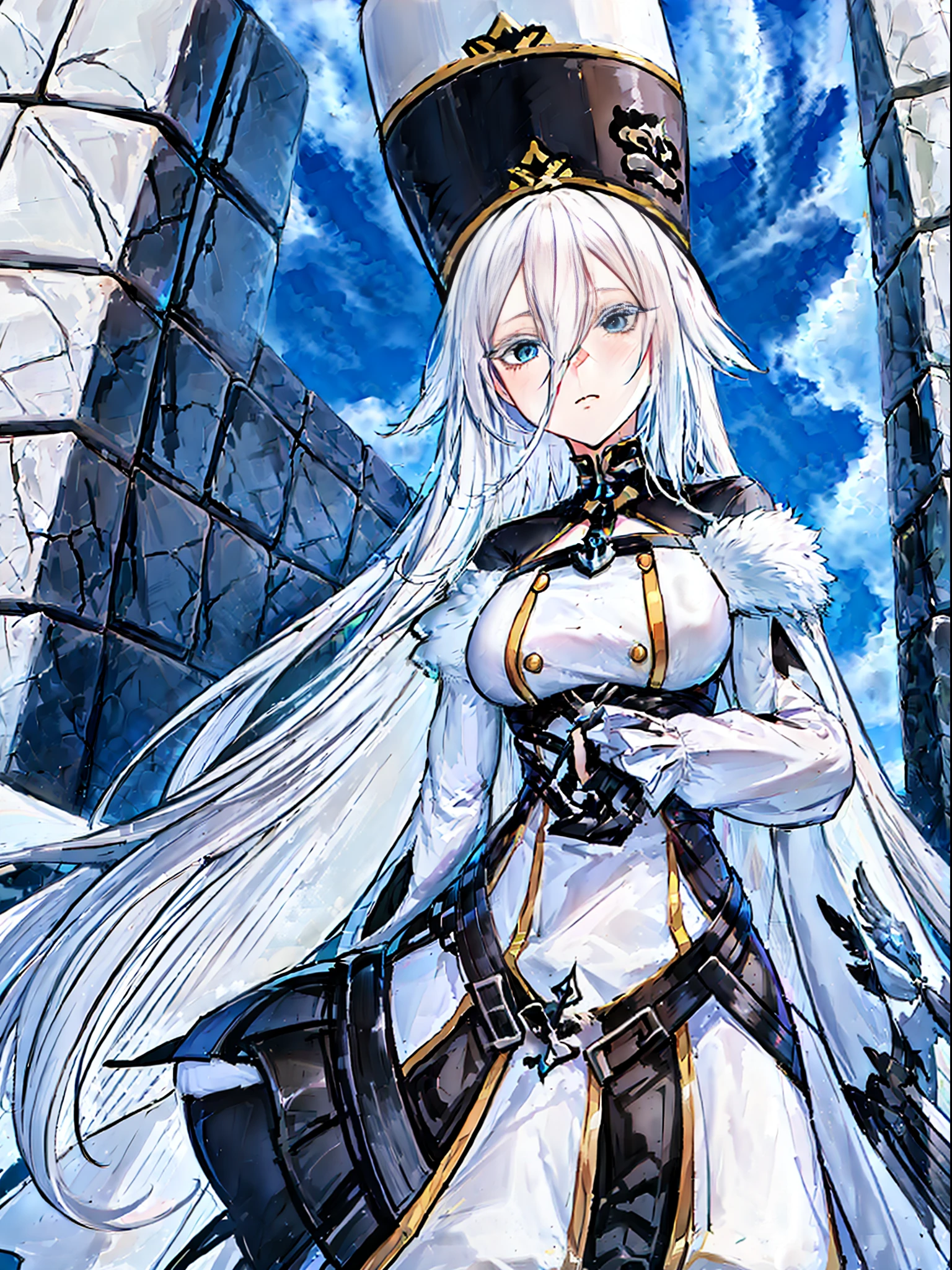 anime character with long white hair and blue eyes standing in front of a brick wall, anime visual of a cute girl, ayaka genshin impact, anime visual of a young woman, official art, aqua from konosuba, female anime character, today's featured anime still, hajime yatate, popular isekai anime, best anime character design