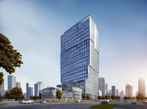High-rise office rendering, split-level, interspersed, top-floor greening, non-large area glass curtain wall rendering, metal curtain wall, accurate architectural rendering, human view, wide-angle appearance 2022, detailed image, digital rendering, realist...