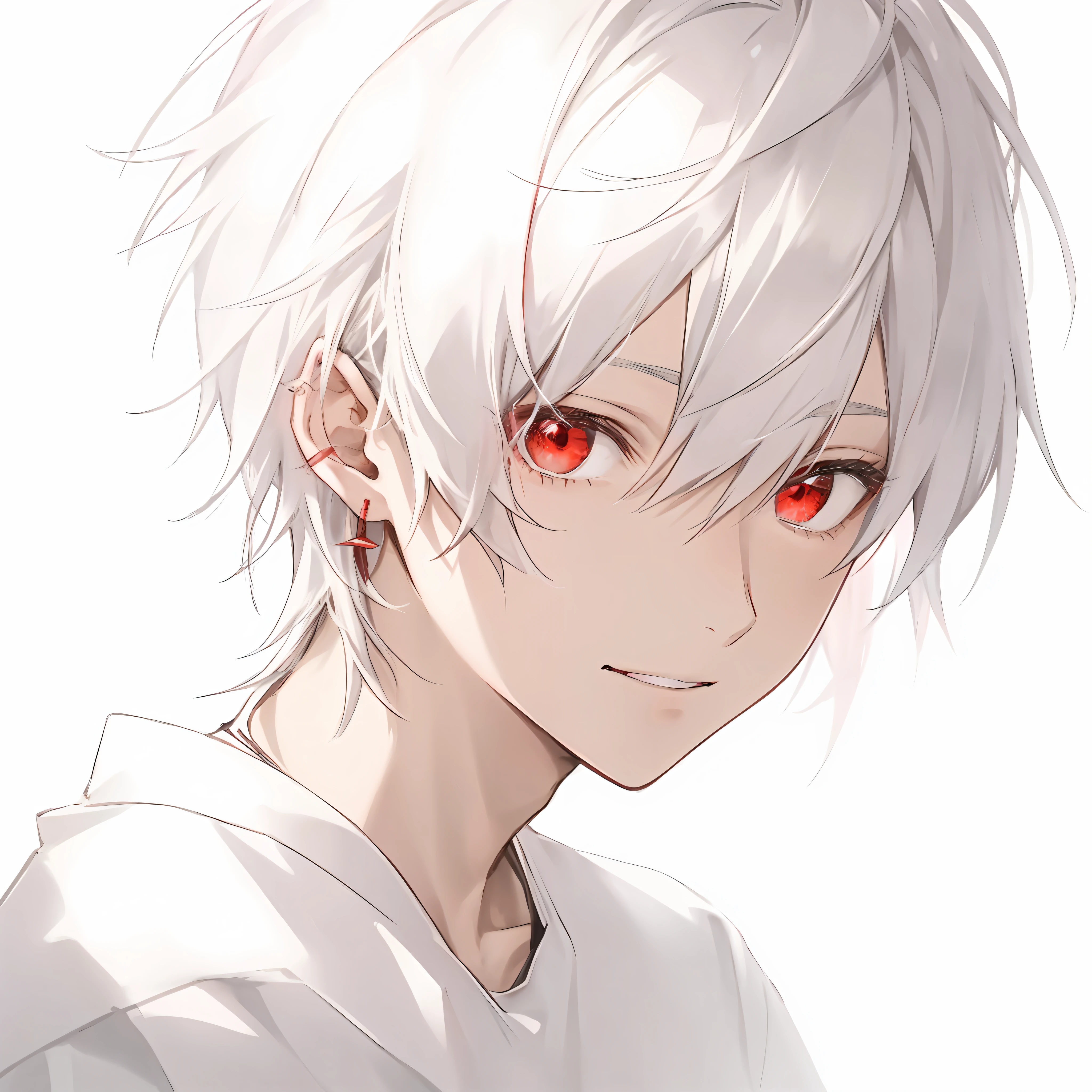 Аниме-мальчик с белыми волосами и красными глазами смотрит в камеру, Светящиеся красные глаза