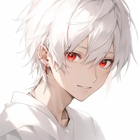 Anime boy with white hair and red eyes staring at the camera, glowing red eyes