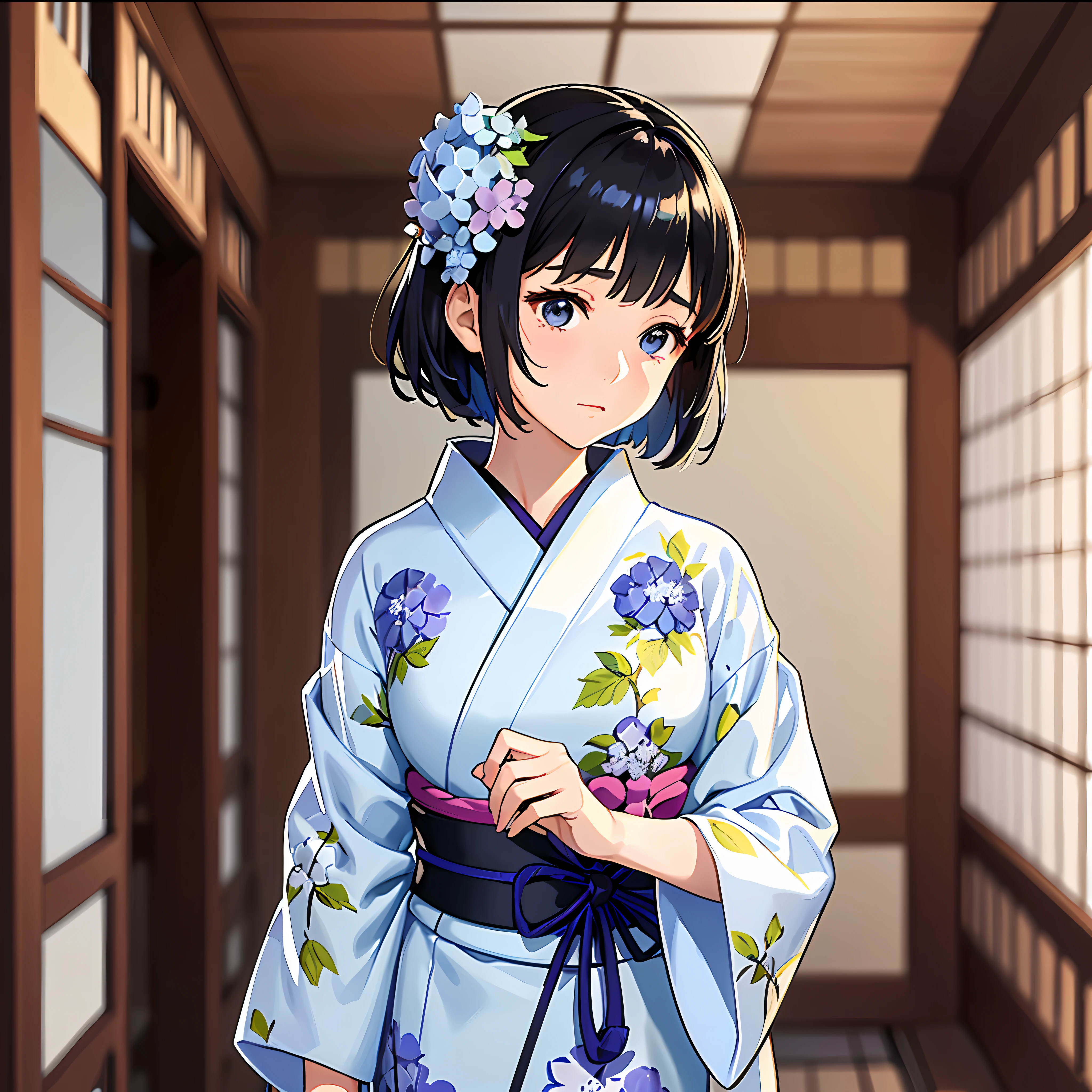 Uma linda garota que exala uma atmosfera pura e organizada fica sobre um fundo branco liso. Ela usa um yukata e tem lindos padrões de hortênsias pintados por todo o corpo.. Ela tem cortes curtos e cabelo preto e fica graciosamente.