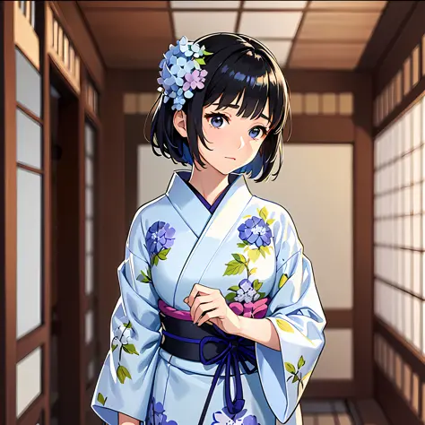 A beautiful girl who exudes a pure and neat atmosphere stands on a plain white background. She wears a yukata and has beautiful ...