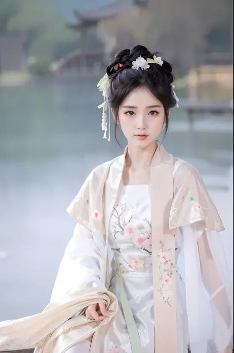 arafed woman in a white dress and a white shawl, hanfu, white hanfu, palace ， a girl in hanfu, wearing ancient chinese clothes, ...