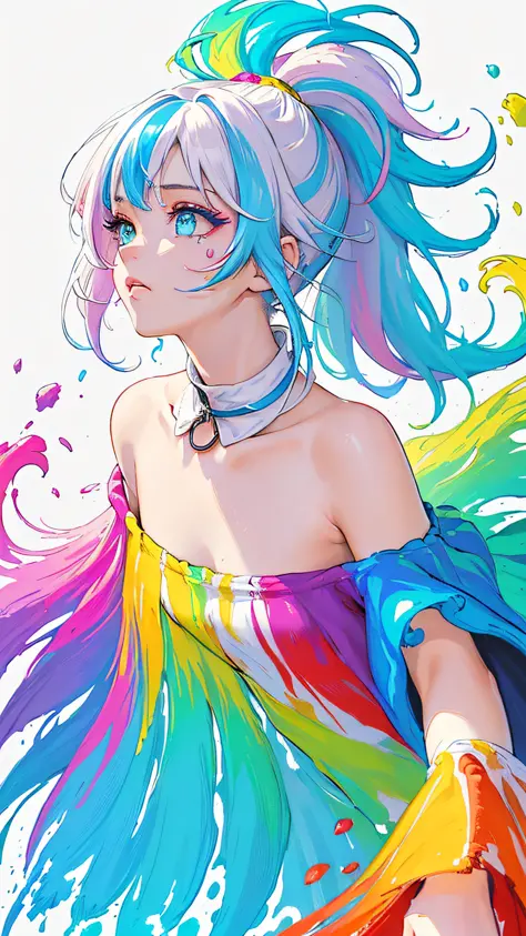 （Pink Fashion T-shirt：1.9），(Colorful hair: 1.8), (all the colours of the rainbow: 1.8),(((((vertical painting：1.6))), （painting：1.6），front, comics, illustrations, paintings, large eyes, crystal clear eyes,（ rainbow color gradient high ponytail：1.7）, exquis...