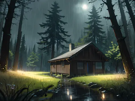 Cinematic texture, masterpiece, exquisite, 8k resolution, ultra-detailed, night, woods, meadows, heavy rain, large raindrops