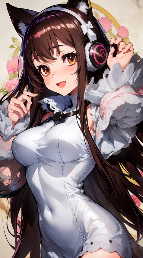 grey background, anime girl with long brown hair and white lace sexy dress with flowers in her hair, beautiful anime catgirl, mo...