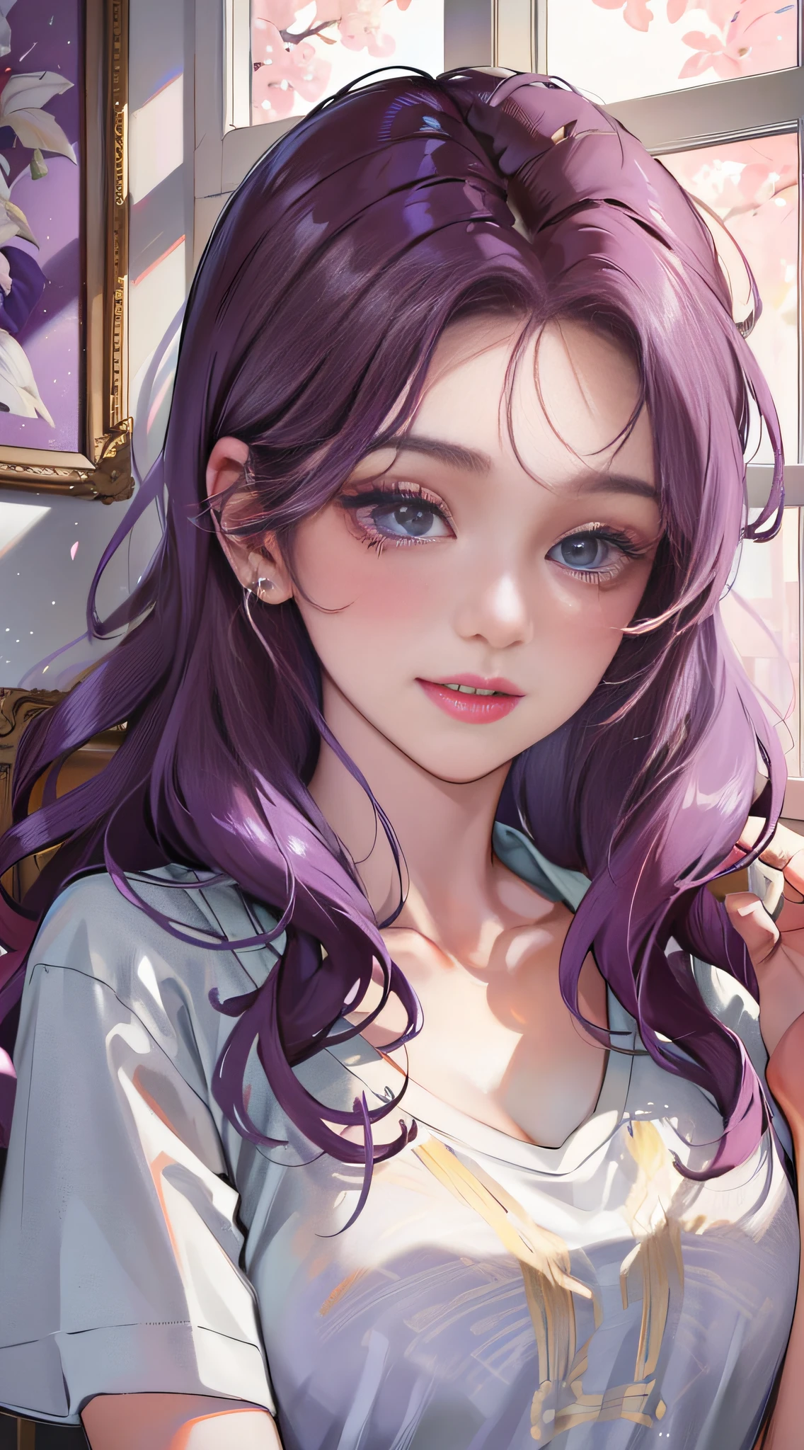 (higher resolution, distinct_image) The best quality, a woman, masterpiece, highly detailed, semi realistic, 21 years old, beautiful, young, handsome, t-shirt, lilac shirt pulled, collar on neck, interior, modern room, window, wake up, morning, blush, smiling