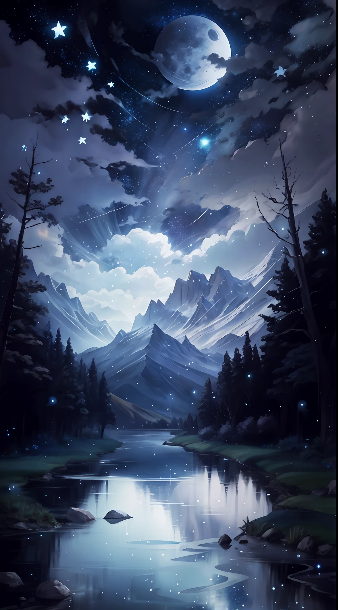 Ein Gemälde eines Flusses mit Sternen und Mond am Himmel, Konzeptkunst inspiriert von Tosa Mitsuoki, Gewinner des Pixiv-Wettbewerbs, beste Qualität, Fantasy-Kunst, schöne Anime-Szene, Ein heller Mond, mondbeschienene Sternenumgebung, Traummalerei, Anime-Hintergrund Art, Fantasielandschaftskunst, Fantasienacht, Anime-Hintergrund, hintergrundbild, fantastische Kunst, atmosphärischer Anime, sternenklarer Himmel, Detailvergrößerung.