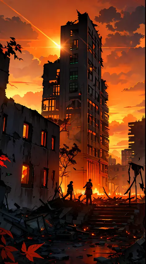 ruins war scene, glowing , evening ruins, shattered, broken buildings, red and orange sky, clouds, smoke, vines, leaves around b...