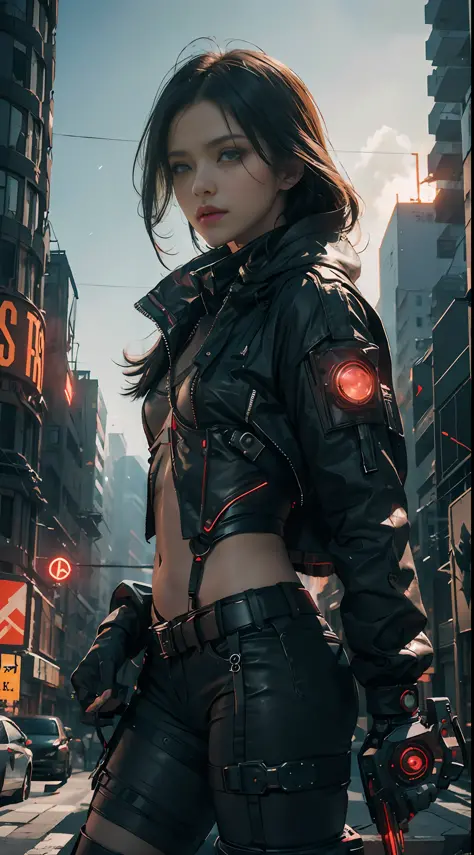 A girl, wearing a black-red glowing techpunkmask with yellow eyes shining, dressed sexy, with a futuristic pistol hanging from t...