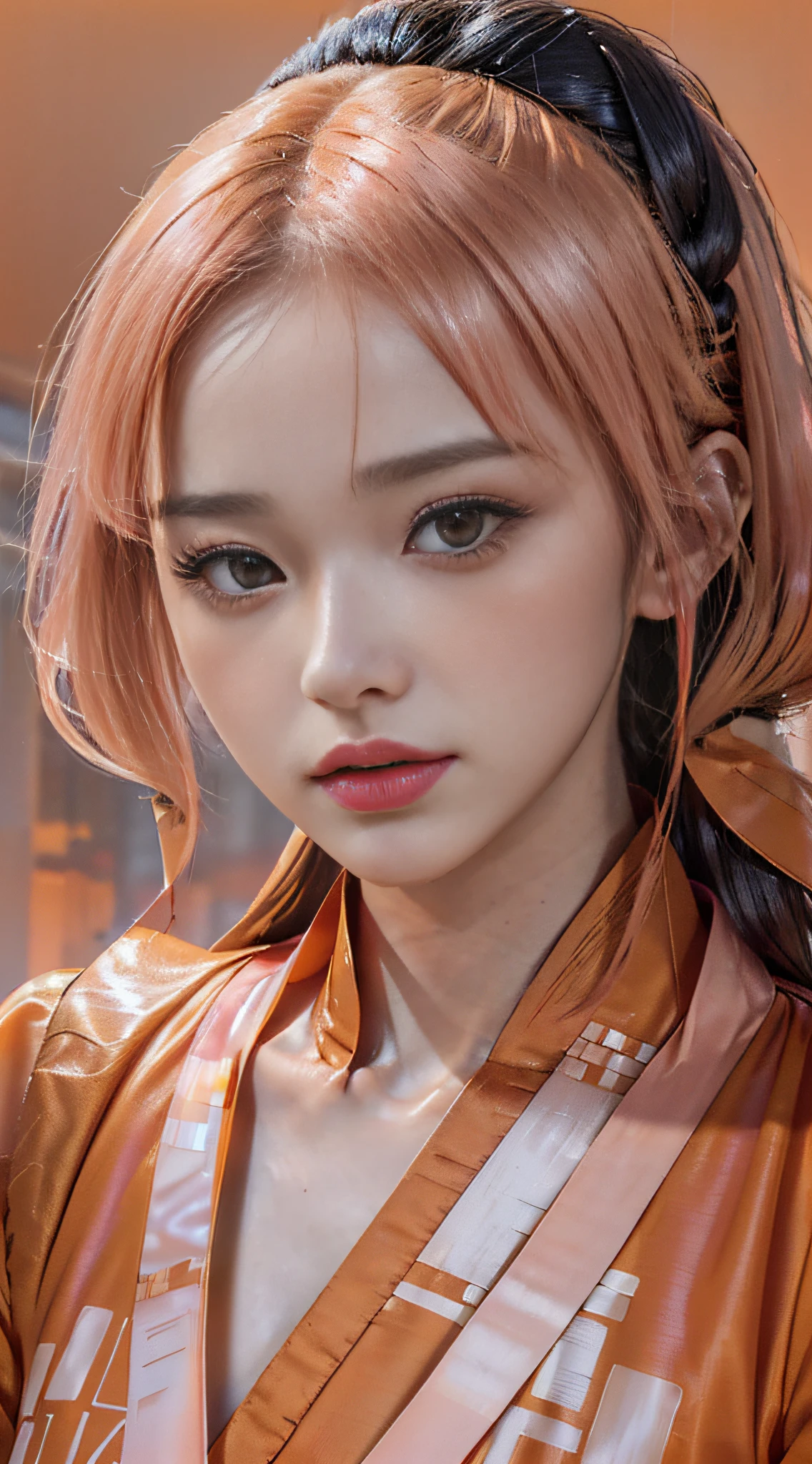 (fluorescent colors:1.4),(translucent:1.4),(retro filters:1.4), (fantasy:1.4),  (orange background:1.4),
(1girl wearing (orange pink  hanfu:1.3), tang style, blunt bangs, black hair),
((portrait:1.5)), looking at viewer,
(masterpiece, 8k uhd, HDR, extreme detailed, intricate details, best quality, professional, vivid colors),