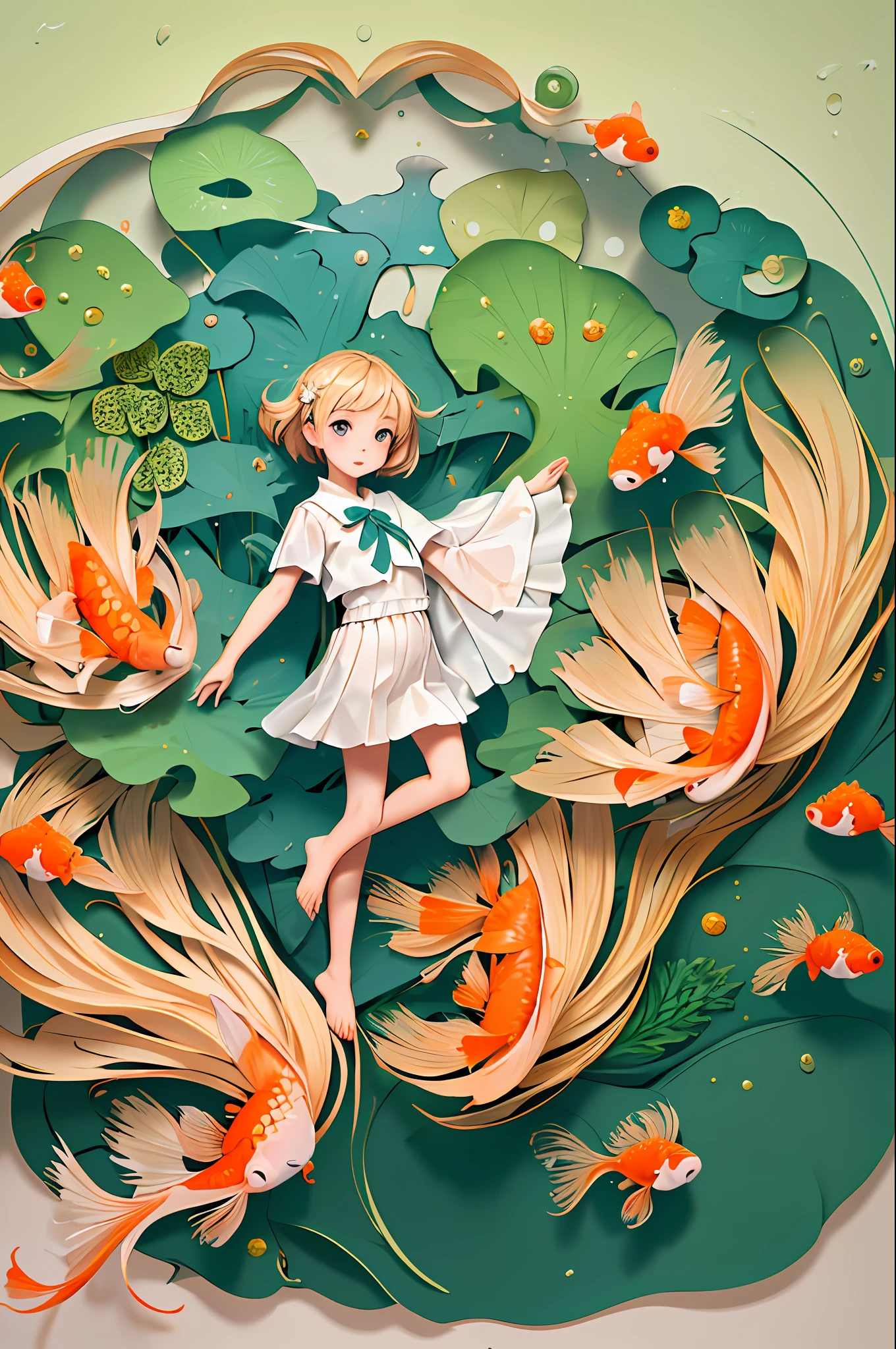 (Masterpiece), Best Quality, Illustration, Beautiful Details Glow, 1 Cute Little Girl, Cute Facial Features, Solo, Full Body, White Cloth, Lotus, (Goldfish), Unified 8k wallpaper, detailed, beautiful and aesthetic