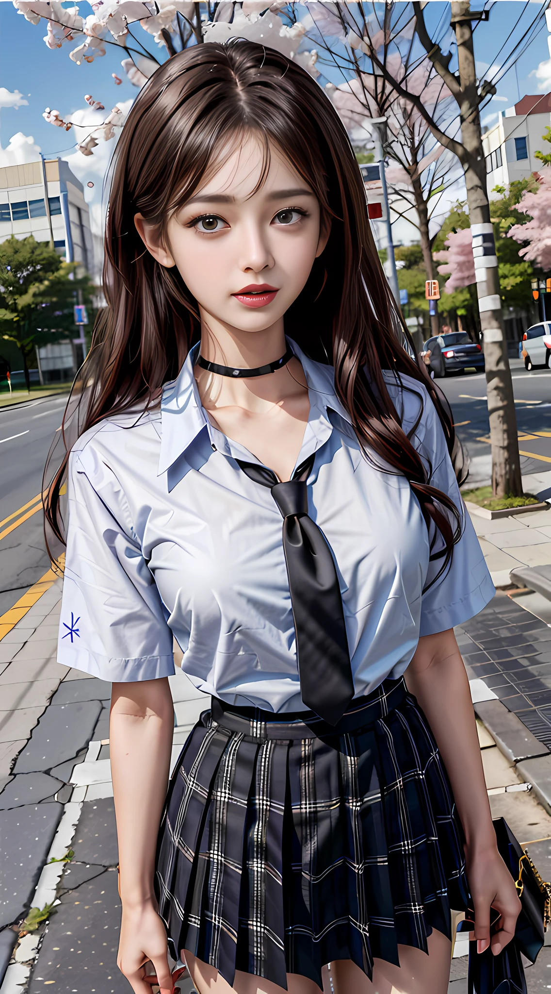 masterpiece, best quality, full body, 1girl, bangs, black choker, black necktie, black hair, blue skirt, blush, bracelet, breasts, choker, clothes around waist, collarbone, collared shirt, cowboy shot, dress shirt, ear piercing, eyebrows visible through hair, gradient hair, grin, gyaru, jewelry, kogal, long hair, looking at viewer, loose necktie, necktie, piercing, plaid, plaid skirt, pleated skirt, red eyes, ring, , shirt, skirt, smile, solo, white shirt, street, sky, cherry blossoms, petals,illustration, (magazine:1.3), (cover-style:1.3), fashionable, woman, vibrant, outfit, posing, front, colorful, dynamic, background, elements, confident, expression, holding, statement, accessory, majestic, coiled, around, touch, scene, text, cover, bold, attention-grabbing, title, stylish, font, catchy, headline, larger, striking, modern, trendy, focus, fashion,
