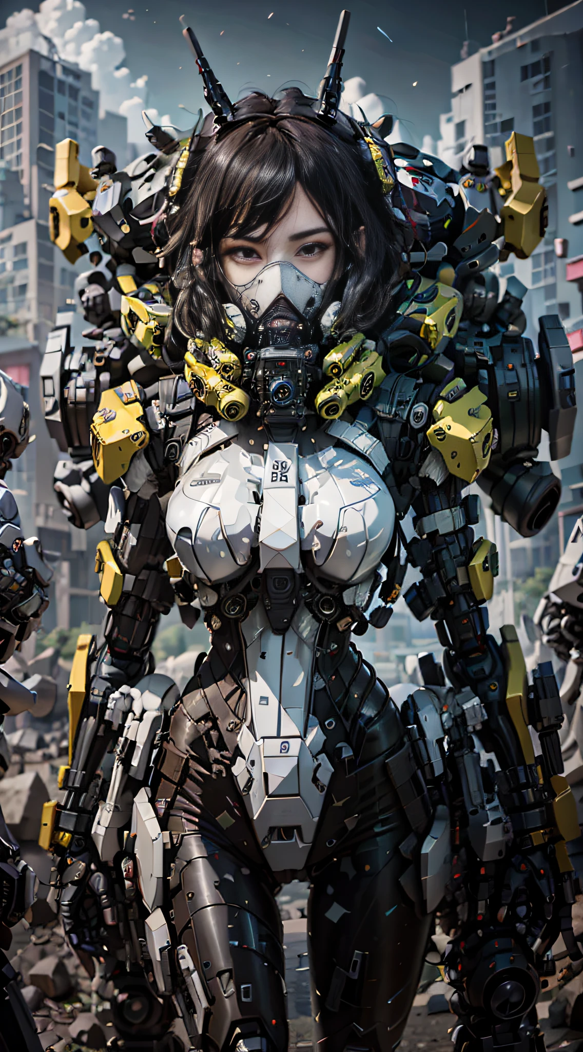 This is a CG Unity 8k wallpaper with ultra-detailed, high-resolution and top quality in cyberpunk style, dominated by black and red. In the picture, a beautiful girl with white messy short hair, a delicate face, wearing a steam mecha mask, standing on the ruins, behind her is a huge robot, and the action of a woman holding a heavy sniper rifle in her hand,