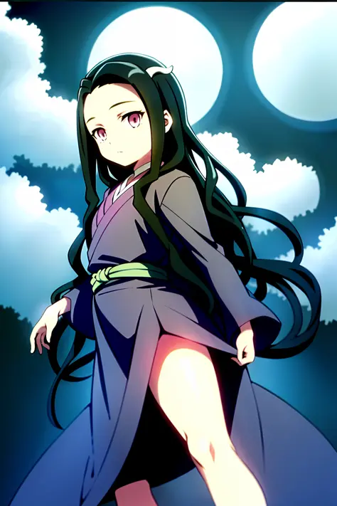 A girl child like a pillar of demon slayer, and the background is the moon