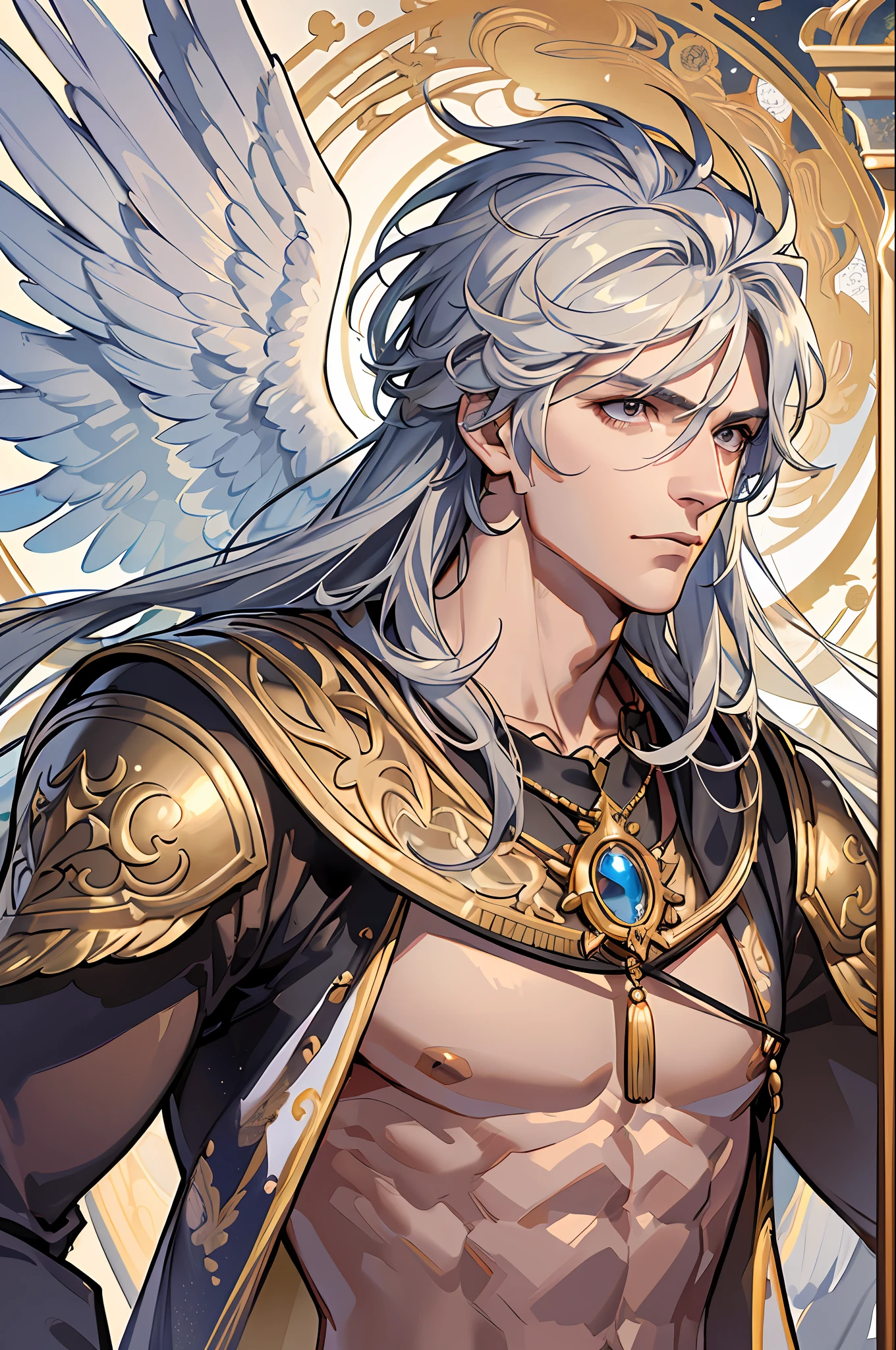(masterpiece, best quality), 1 male, solo, adult, handsome, tall muscular guy, broad shoulders, finely detailed eyes and detailed face, extremely detailed CG unity 8k wallpaper, intricate details, angelic messenger, feathered wings, celestial realm, divine messages, Grace, Purity, Compassion