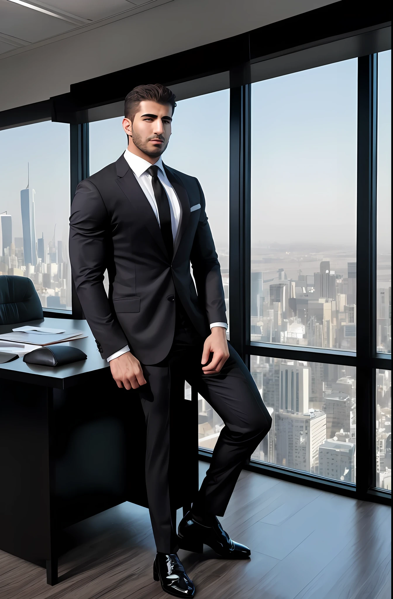 An attractive, muscular, and confident Middle Eastern man sits powerfully in his office, donning a sleek black business suit with a white tie. Windows frame a stunning cityscape behind him. Full body shot of a 25 year old male, with a slightly plump build and strongly resembles Chris Redfield.
