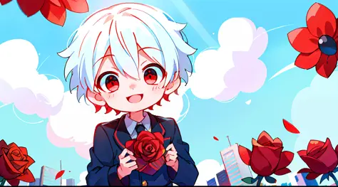 (high-quality, breathtaking),(expressive eyes, perfect face), short, young boy, short white hair, red eyes, smiling, black schoo...