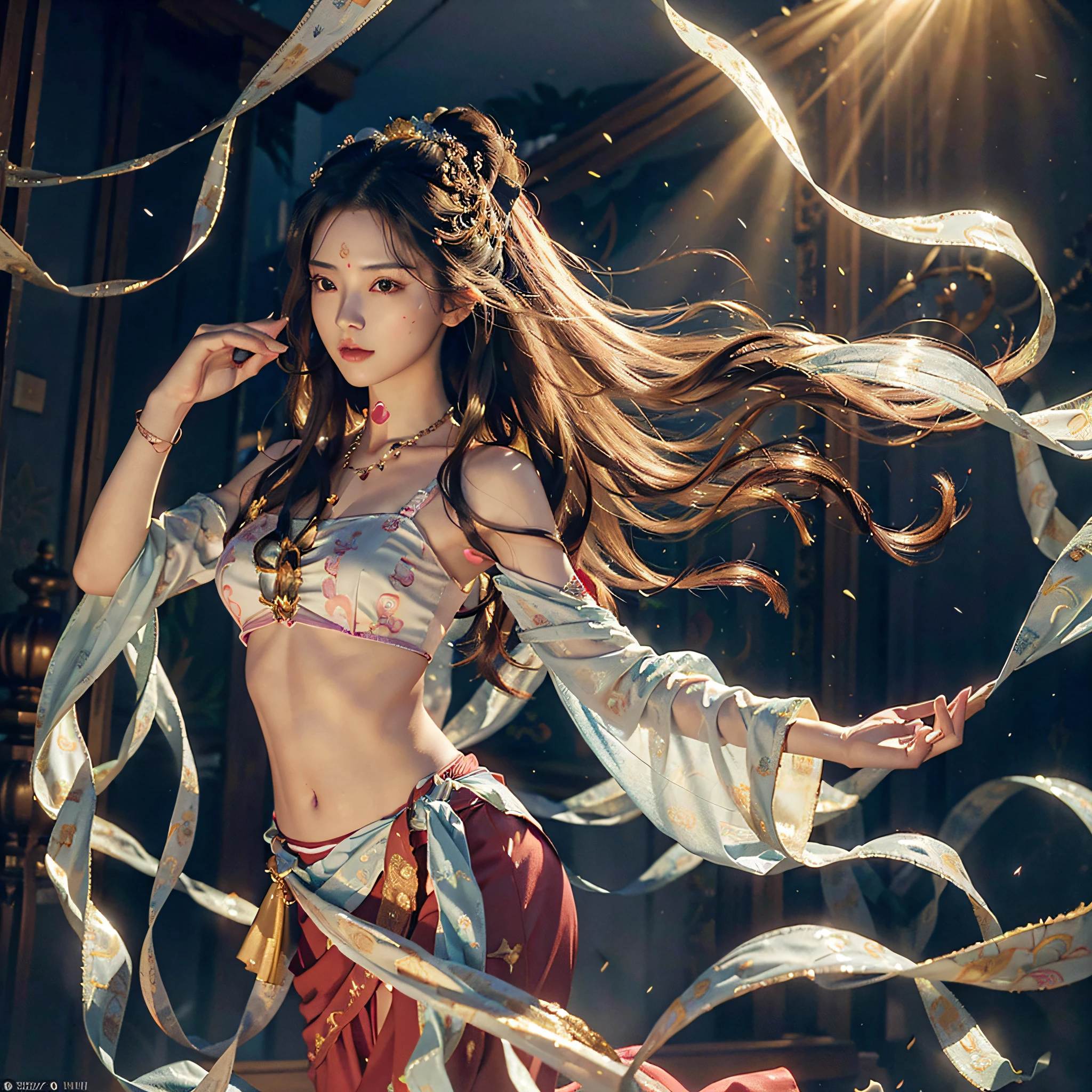 8k, RAW photo, best quality, masterpiece:1.2), (realistic, photo photofidelity:1.4), (very detailed CG Unity 8k wallpaper), a girl, beautiful face, long hair, gradient hair, very detailed, real skin, mature woman, (milf: 1.5), (solo), (long floating hair), jewelry in hair, very detailed, (dancing: 1.4), (floating ribbon: 1.6), wind, (style swirl magic: 1.1) , dreamy, spectacular, (fog: 1.4), solo, right human body, ((correct hand mechanism)), clear fingers, five fingers, Buddhist totem background, mural, beauty map, beautiful face, clear facial features, very detailed, high detail, full body, crop top, gorgeous decoration