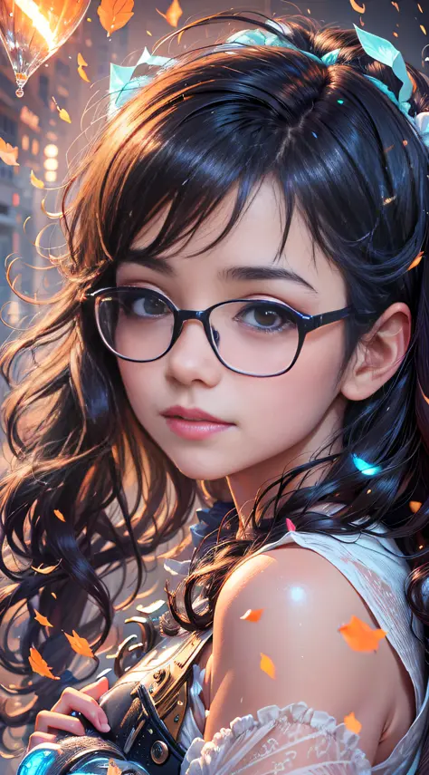 Portrait of a girl, (face: 1.2), detailed eyes, glasses, short dark hair, shiny skin, wet skin, shy expression, outdoors, low angle, closed mouth, smiling, ulzzang-6500-v1. 1, Shallow depth of field, [Volume Fog], cinematic lights, reflections, 8k resoluti...