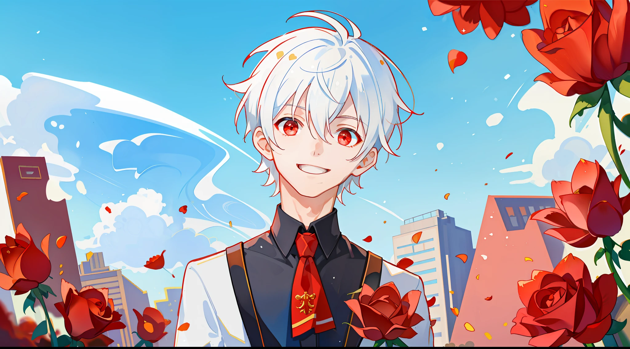 (high-quality, breathtaking),(expressive eyes, perfect face), 1boy, solo, short, young boy, short white hair, red eyes, smiling, black school uniform, wear short shorts, urban setting, sunshine, blue sky, shine, glow, red roses.